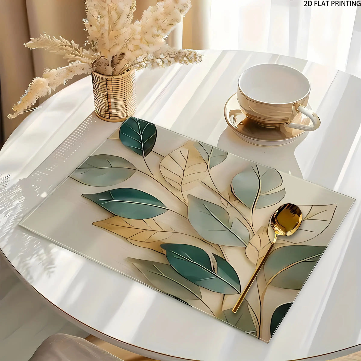2D flat printing, 2-piece/4-piece/6-piece/8-piece set of Aesthetic leaf pattern dining table boho Cloth placemats, 12x18 inch single-sided 2D printed fabric table mat set, suitable for home decoration and party decoration