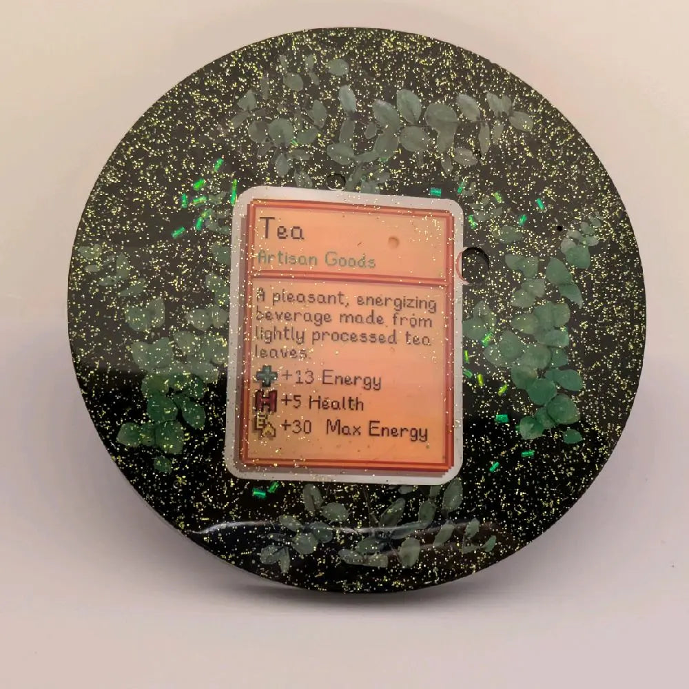 Stardew Valley Handmade Resin Art Piece with Glitter Background and Tea design Coaster