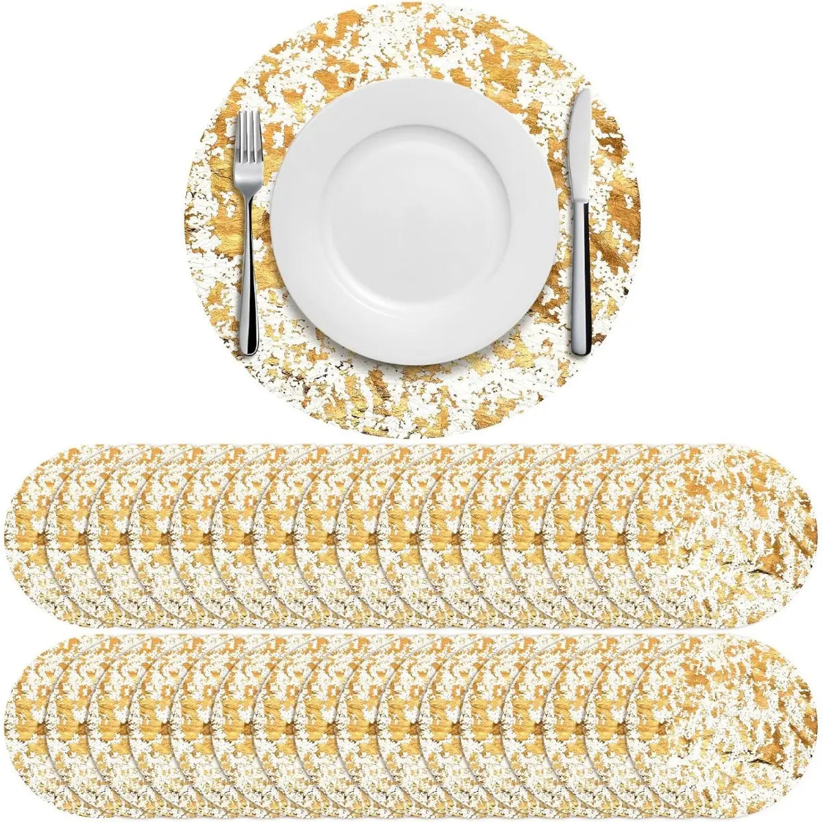 100-Piece Elegant Glam Gold Sheen Disposable Round Placemats - 13in/33cm Gold Foil Shimmer Polyester Table Mats, 1-Time Use Keeps Table Prep Simple, Home/Festive Party Decor for Wedding, Formal/Everyday Use