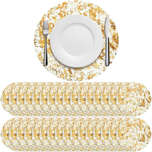 100-Piece Elegant Glam Gold Sheen Disposable Round Placemats - 13in/33cm Gold Foil Shimmer Polyester Table Mats, 1-Time Use Keeps Table Prep Simple, Home/Festive Party Decor for Wedding, Formal/Everyday Use