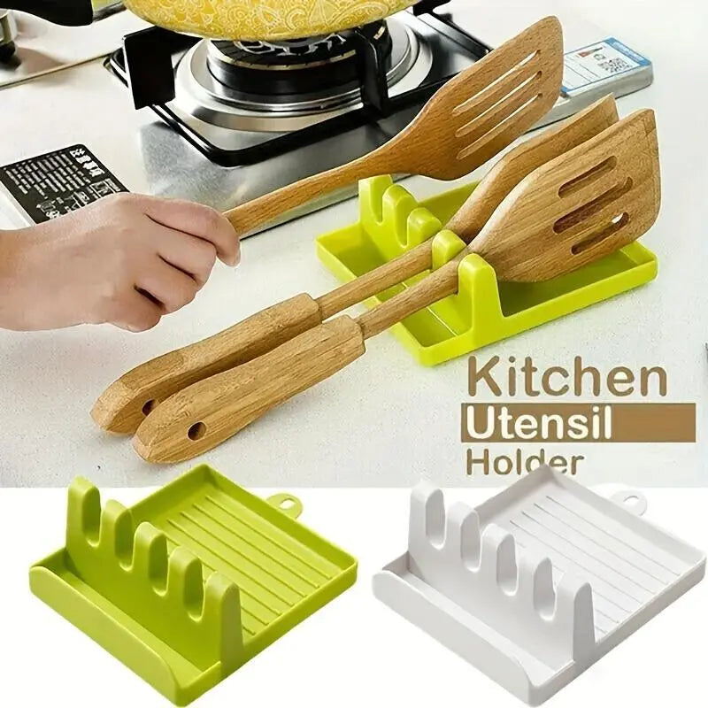 1pc Cooking Utensil Rest, Silicone Spoon Holder, Multiple Kitchen Fork Spoon Holders With 4 Slots And Pot Lid Holder For Kitchen, Keeping Countertops Clean, Spoon Rests, Kitchen Storage Accessories