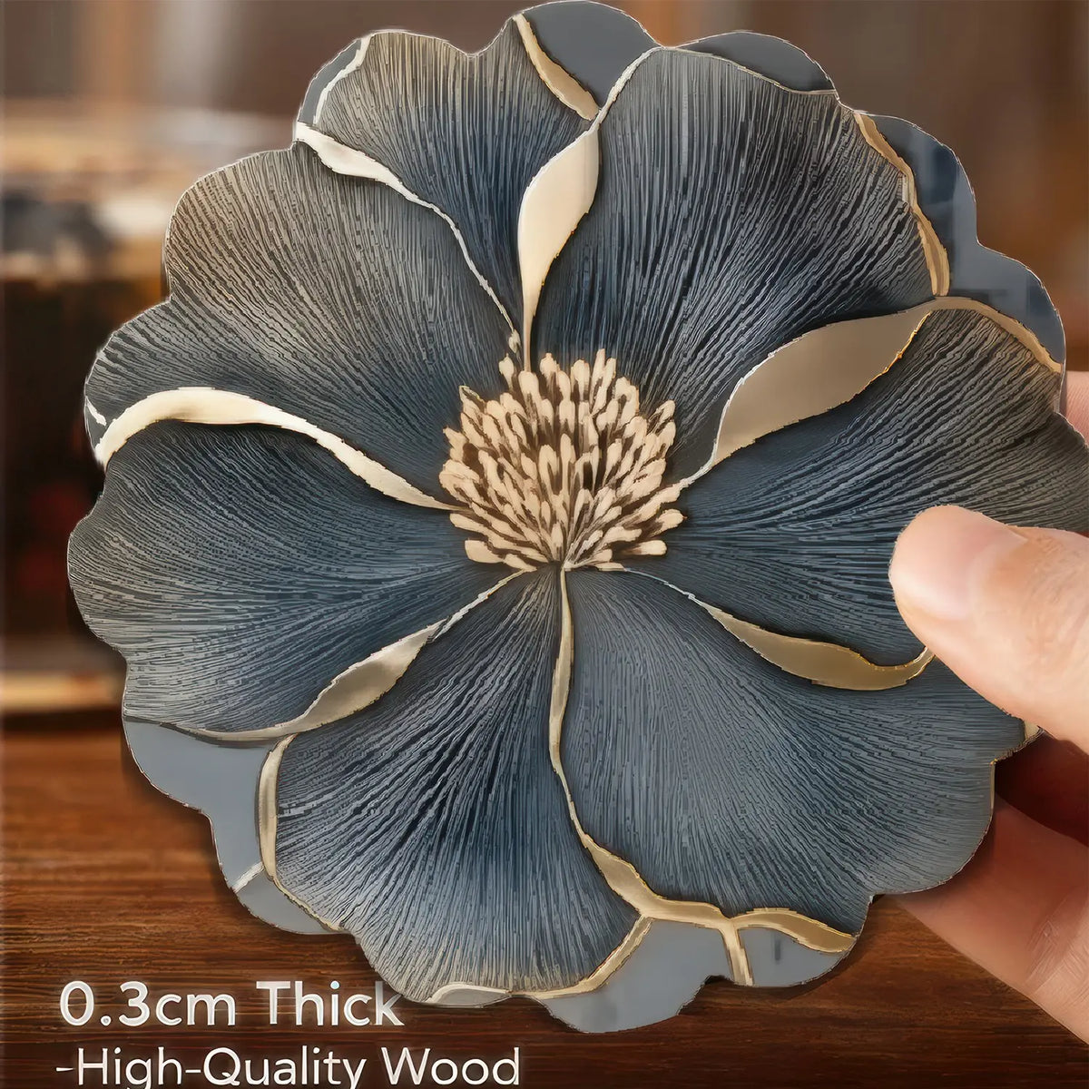 6PCS Minimalist Grey Flower Petal Wood Coasters Set – 4 Inch Round Non-Slip Heat Resistant Wooden Coasters for Drinks for Coffee Table & Shelf Decor – Modern Farmhouse Kitchen Dining Accent Tableware – Reclaimed Wood Home Decor