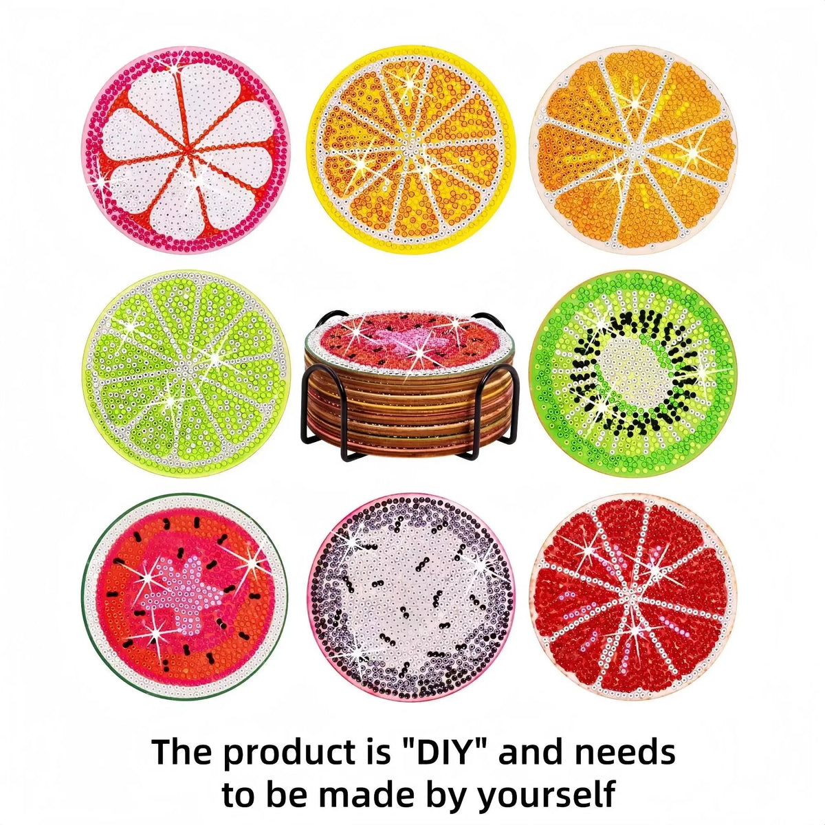 DIY Diamond Painting Coasters, Diamond Art Coasters, 8-Piece Fruit Pattern Coaster Set with Stand, Decorative Craft for Home and Office Coffee Tables #GLOBAL PICKS