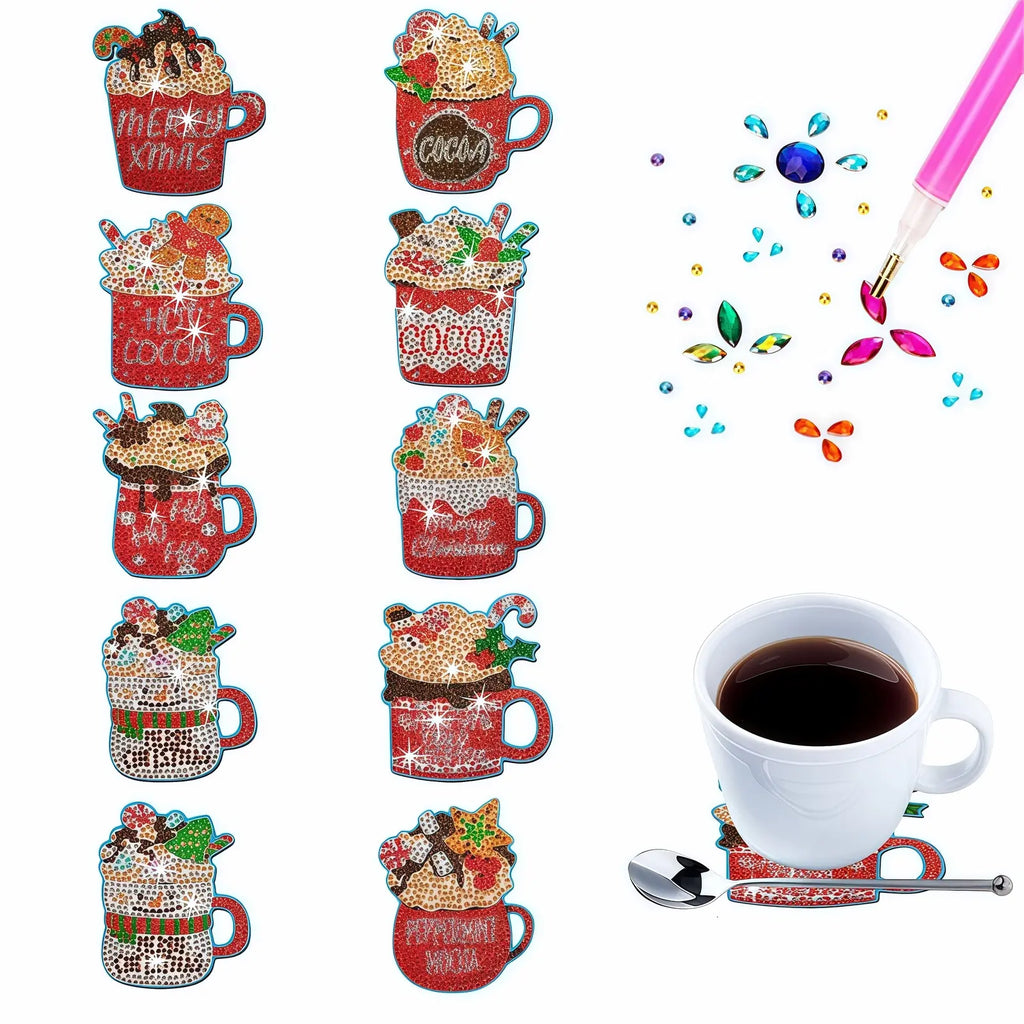10-piece set of diamond painting kit coaster ice cream cup pattern wooden material special design wooden printing mat non-slip mat suitable for kitchen, restaurant, bar office use, Diamond Painting Coasters, can be used as all holiday gifts