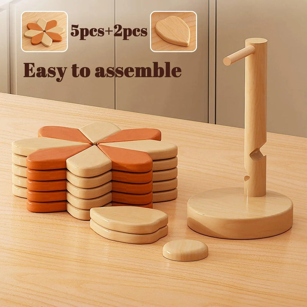 Wooden Style Flower Shape Heat Resistant Trivet Mat, Decorative Foldable Pot Holder Pad, Multi-Use Kitchen Coaster, Hot Dish Coasters, Wood Coasters, Unique Housewarming Gift