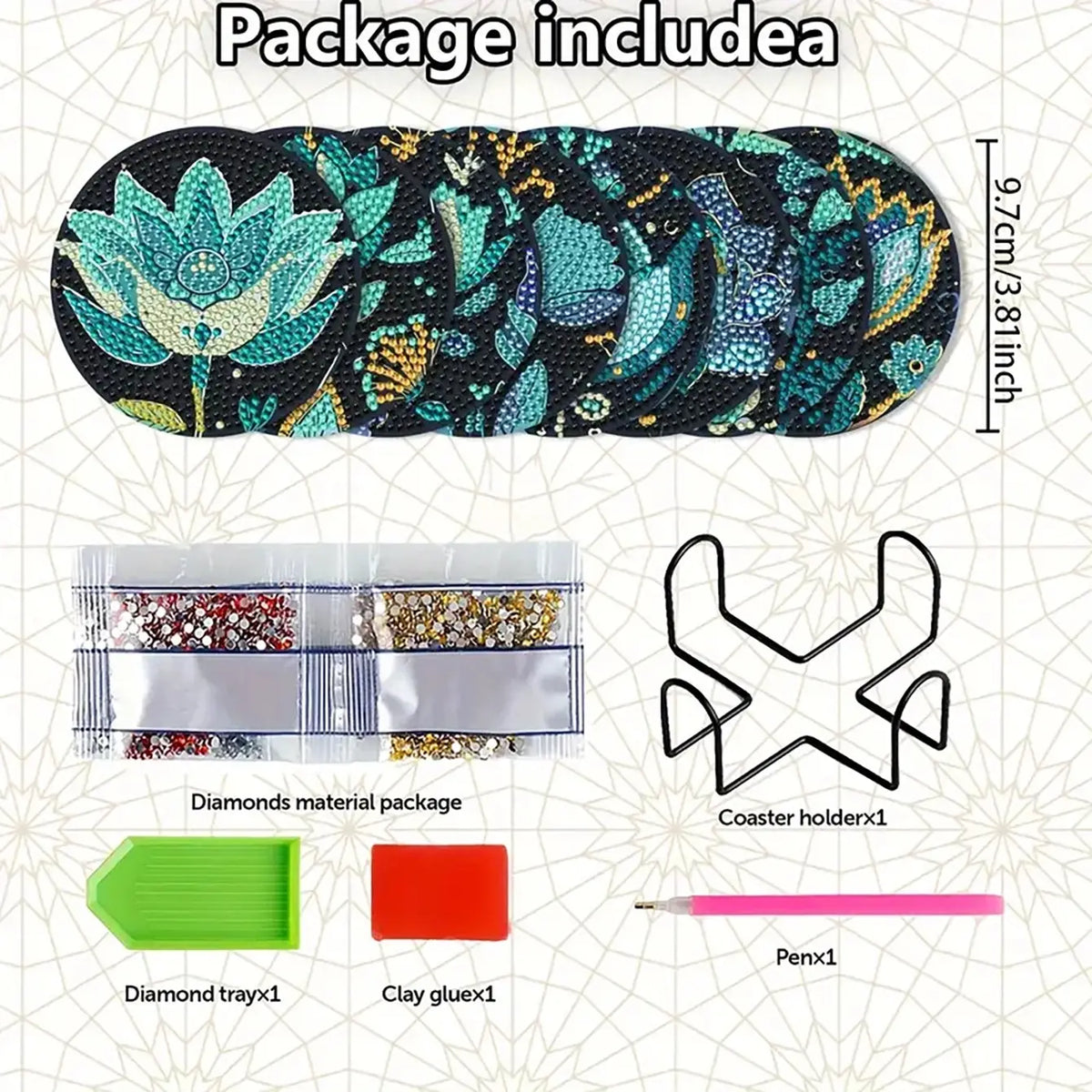 8-Piece Diamond Painted Decorative Coaster Set Lotus Pattern (with Stand), Diamond Painting Coasters, DIY Diamond Art Craft Kit for Beginners, Home Decor Gift