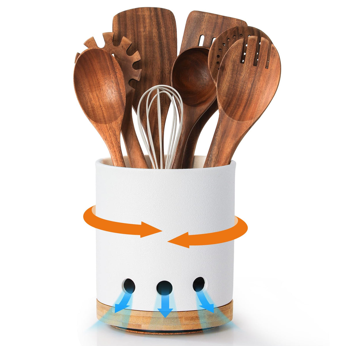 LoeJan 6.7" Utensil Holder, Ceramic Kitchen Utensil Holder with Cork Bottom, Large Utensil Crock for Countertop, Vintage Cooking Tool Organizer Set for Kitchen Counter Decor(White)