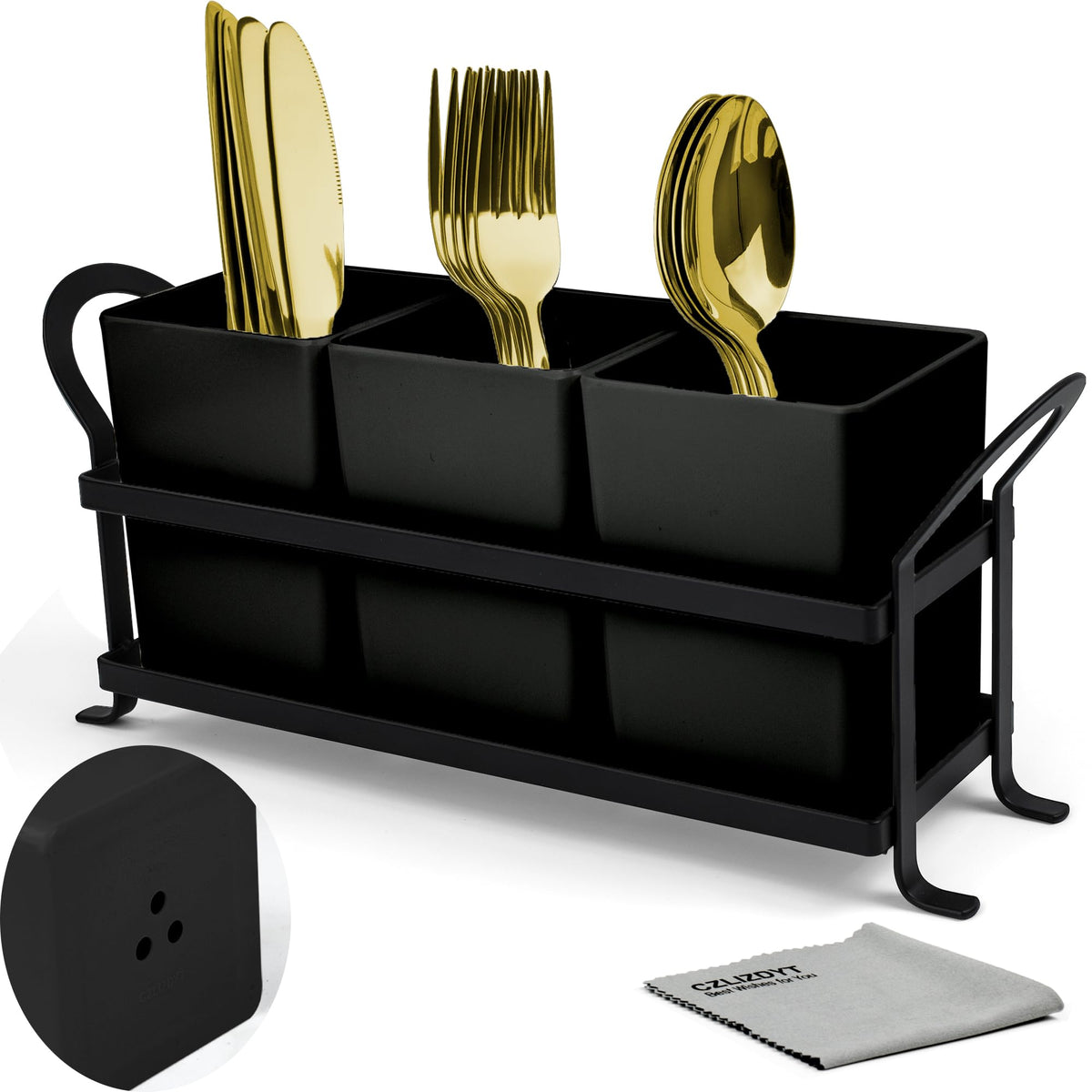 Czlizdyt Cutlery Holder with Drain Holes, Silverware Caddy for Party Countertop, 3pcs Bins Set Utensil Holders for Spoon and Fork, White