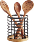WDT Tool Utensil holder for Kitchen Counter - 5.2" x 5.2" x 6" Large Round with Wooden Base Matte Black Cooking Utensil Holder Utensil Organizer (Metal+Bamboo)
