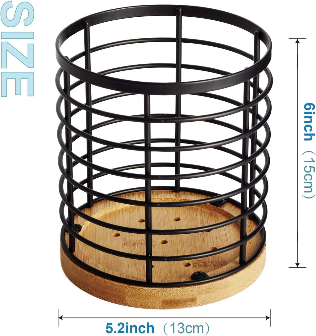 WDT Tool Utensil holder for Kitchen Counter - 5.2" x 5.2" x 6" Large Round with Wooden Base Matte Black Cooking Utensil Holder Utensil Organizer (Metal+Bamboo)