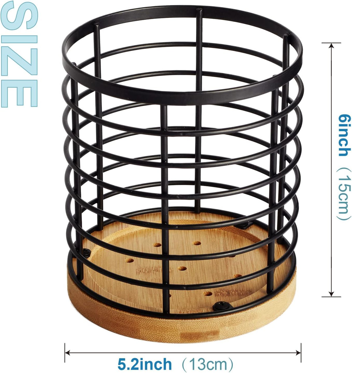 WDT Tool Utensil holder for Kitchen Counter - 5.2" x 5.2" x 6" Large Round with Wooden Base Matte Black Cooking Utensil Holder Utensil Organizer (Metal+Bamboo)
