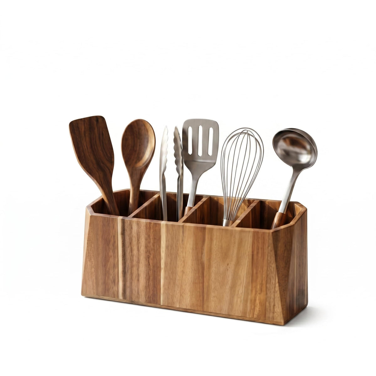 Extra Large Kitchen Utensil Holder for Countertop – Acacia Wood Utensil Holder with 4 Compartments, Beveled Edges, Non-Slip Pads & Drain Hole – Rustic Farmhouse Kitchen Countertop Storage Caddy