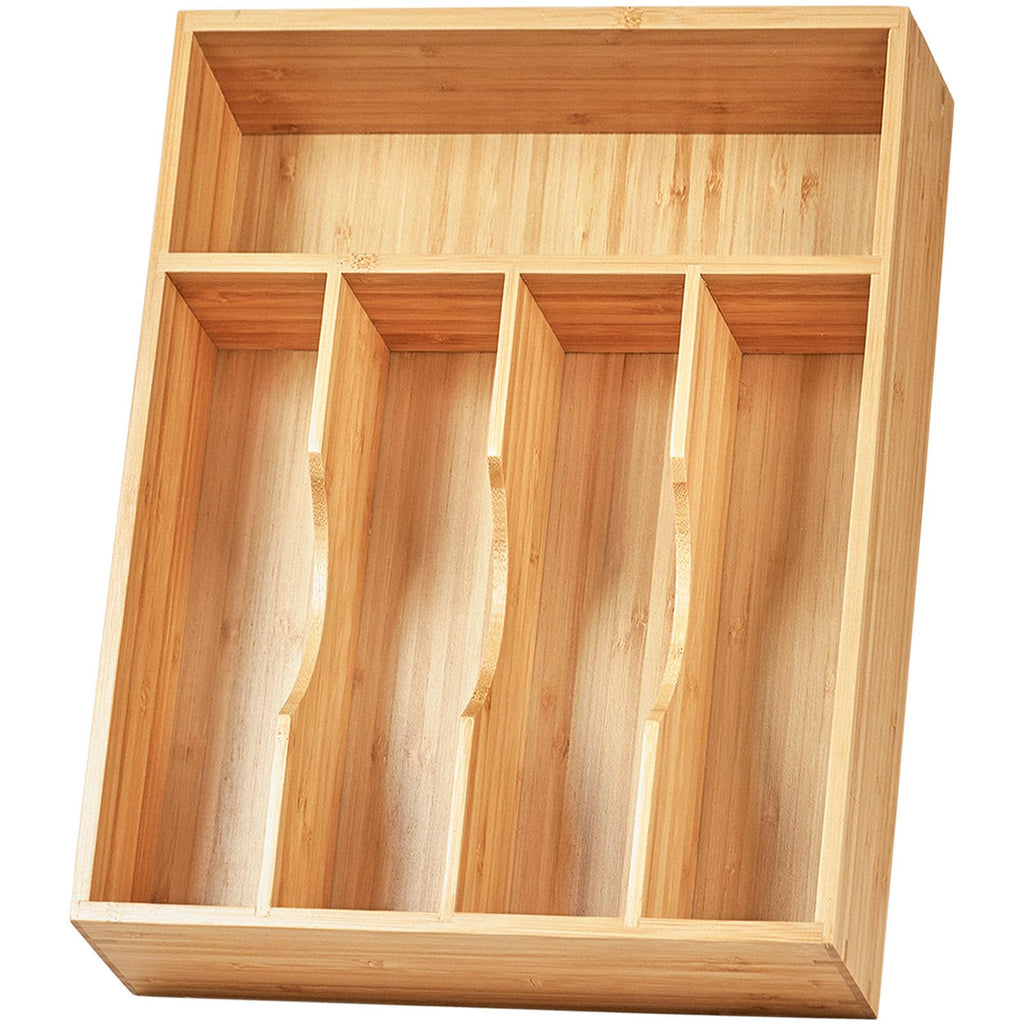 Umilife Bamboo Kitchen Drawer Organizer, 13 Inch Silverware Utensil Tray Holder, Extra Deep Grooved Drawer Divider, 7 Slots Total Bamboo Wood Caddy for Flatware Cutlery Knives, Forks, Spoons