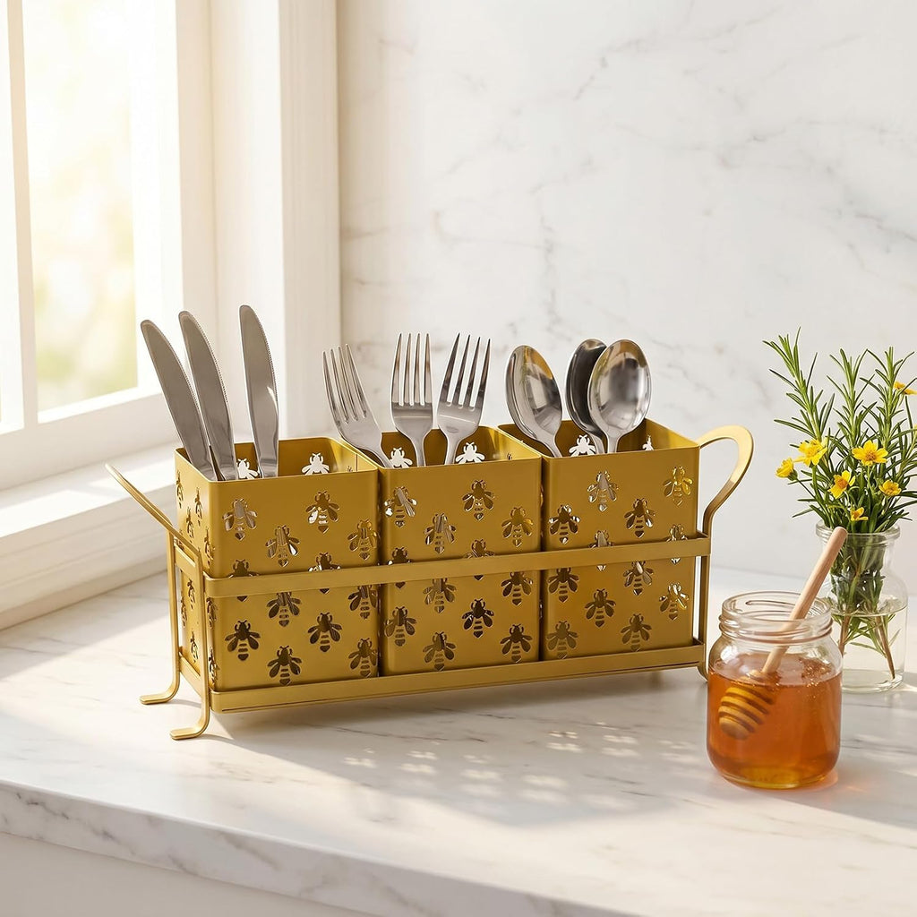 Silverware Caddy with Bee Design, 3 Compartment Metal Utensil Holder with Handles,Silverware Holder for Party Countertop, Kitchen, Outdoor, Cutlery Holder Organizer for Spoon Fork,Gold