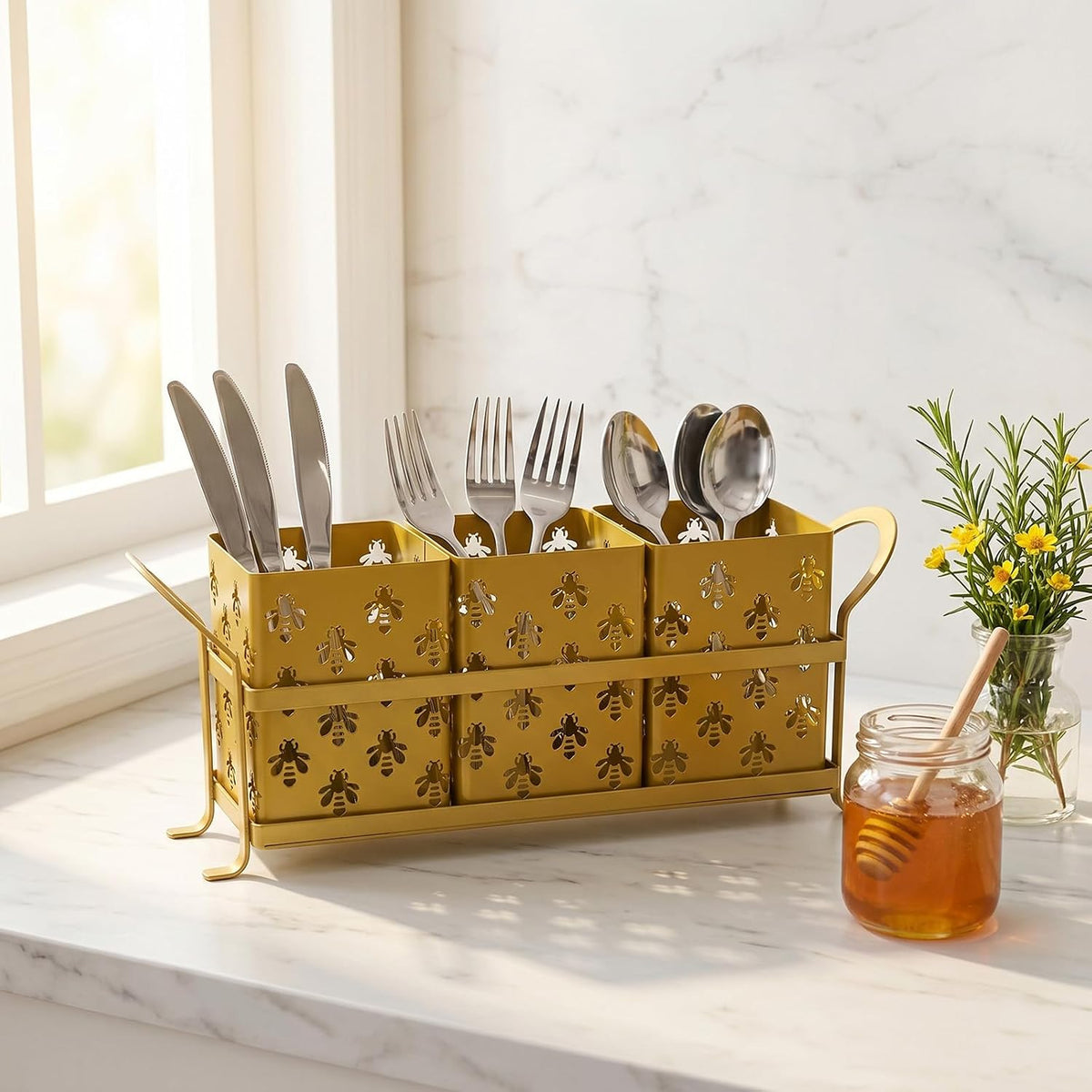 Silverware Caddy with Bee Design, 3 Compartment Metal Utensil Holder with Handles,Silverware Holder for Party Countertop, Kitchen, Outdoor, Cutlery Holder Organizer for Spoon Fork,Gold