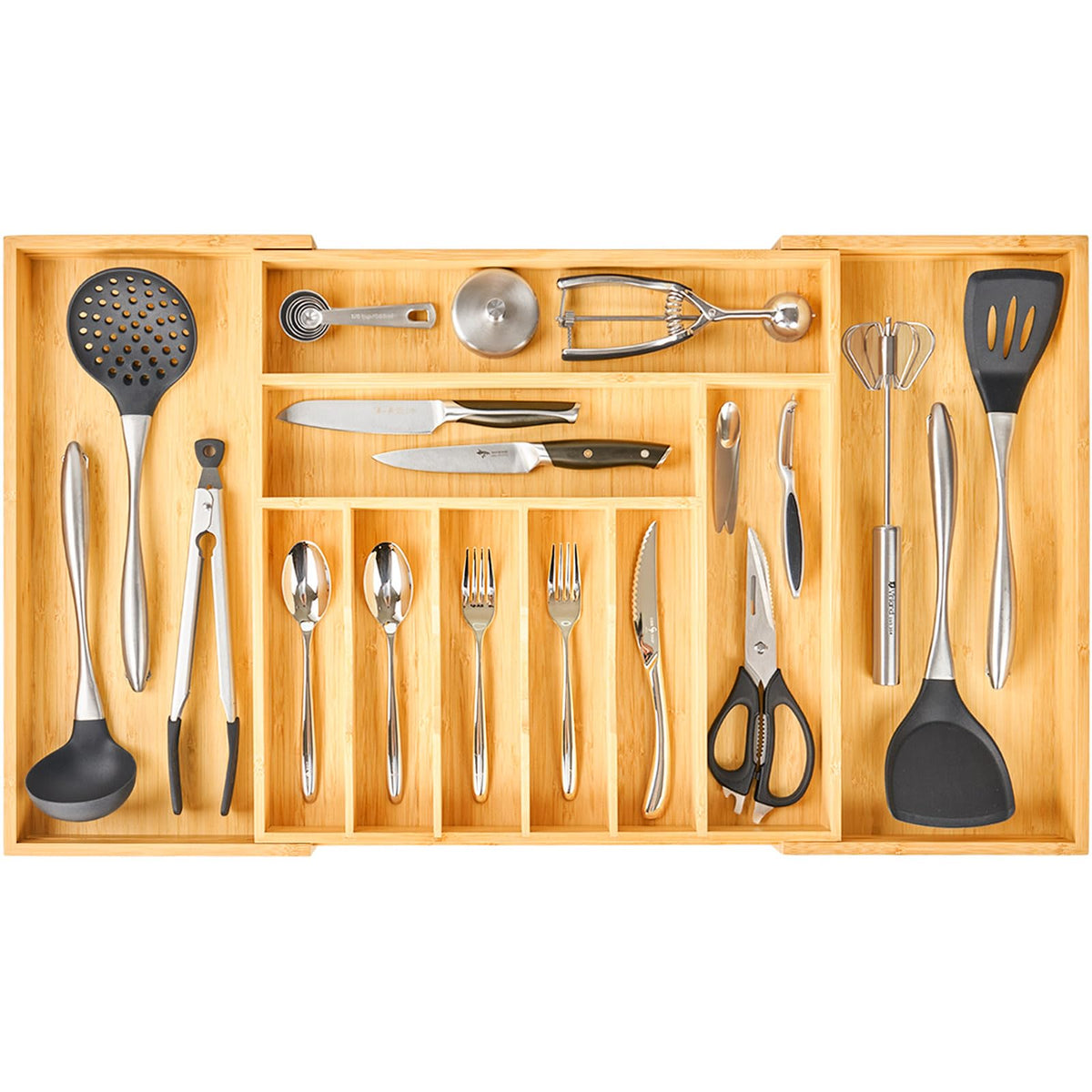 Umilife Bamboo Kitchen Drawer Organizer, 13 Inch Silverware Utensil Tray Holder, Extra Deep Grooved Drawer Divider, 7 Slots Total Bamboo Wood Caddy for Flatware Cutlery Knives, Forks, Spoons