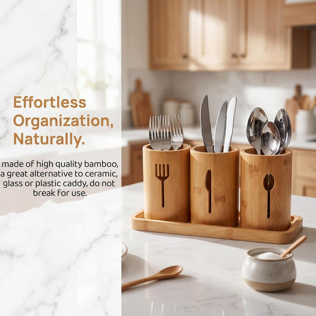 Lyellfe Silverware Holder, Bamboo Utensil Organizer with Tray, Kitchen Cutlery Flatware Holder Organizer for Spoons, Knives and Forks, Ideal for Kitchen and Restaurant
