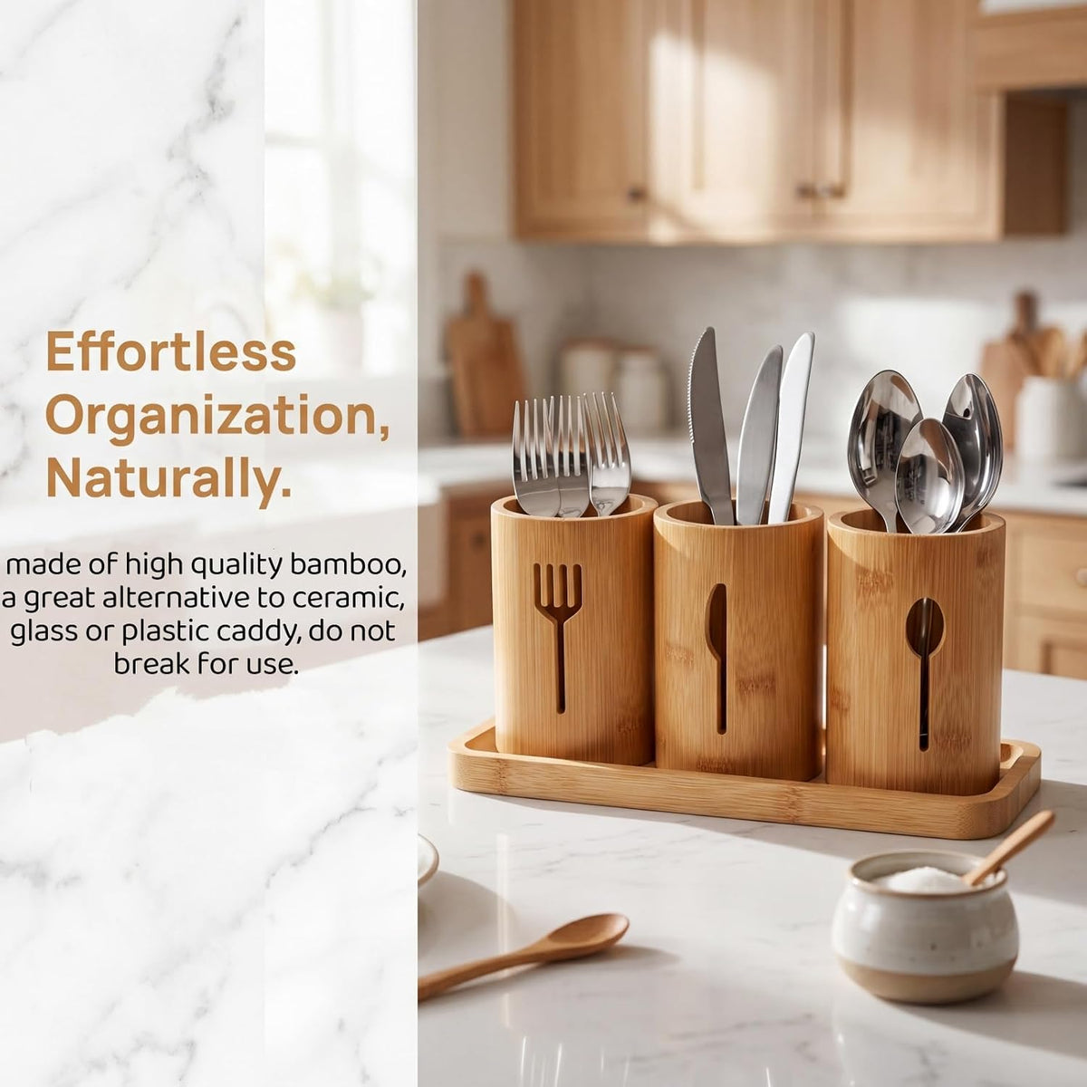 Lyellfe Silverware Holder, Bamboo Utensil Organizer with Tray, Kitchen Cutlery Flatware Holder Organizer for Spoons, Knives and Forks, Ideal for Kitchen and Restaurant
