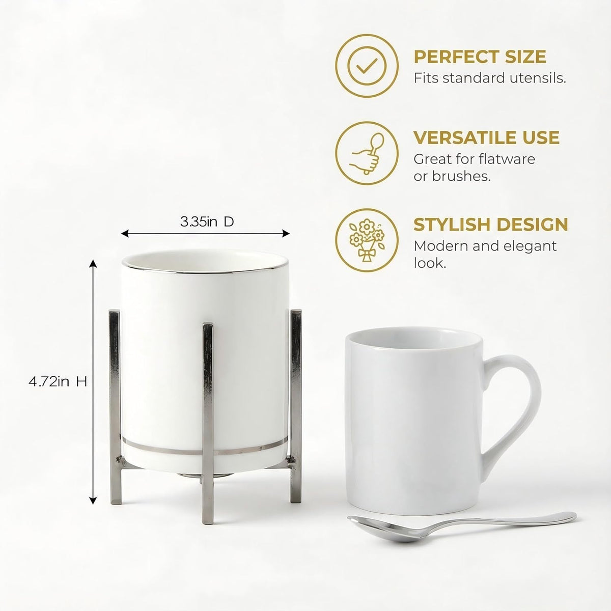 Farmhouse Flatware Holder for Dinner Table, Kitchen Holder for Serving Utensils, Decorative Cutlery Utensil Holder for Kitchen or Parties, Cup with Silver Trim, 1 Pcs