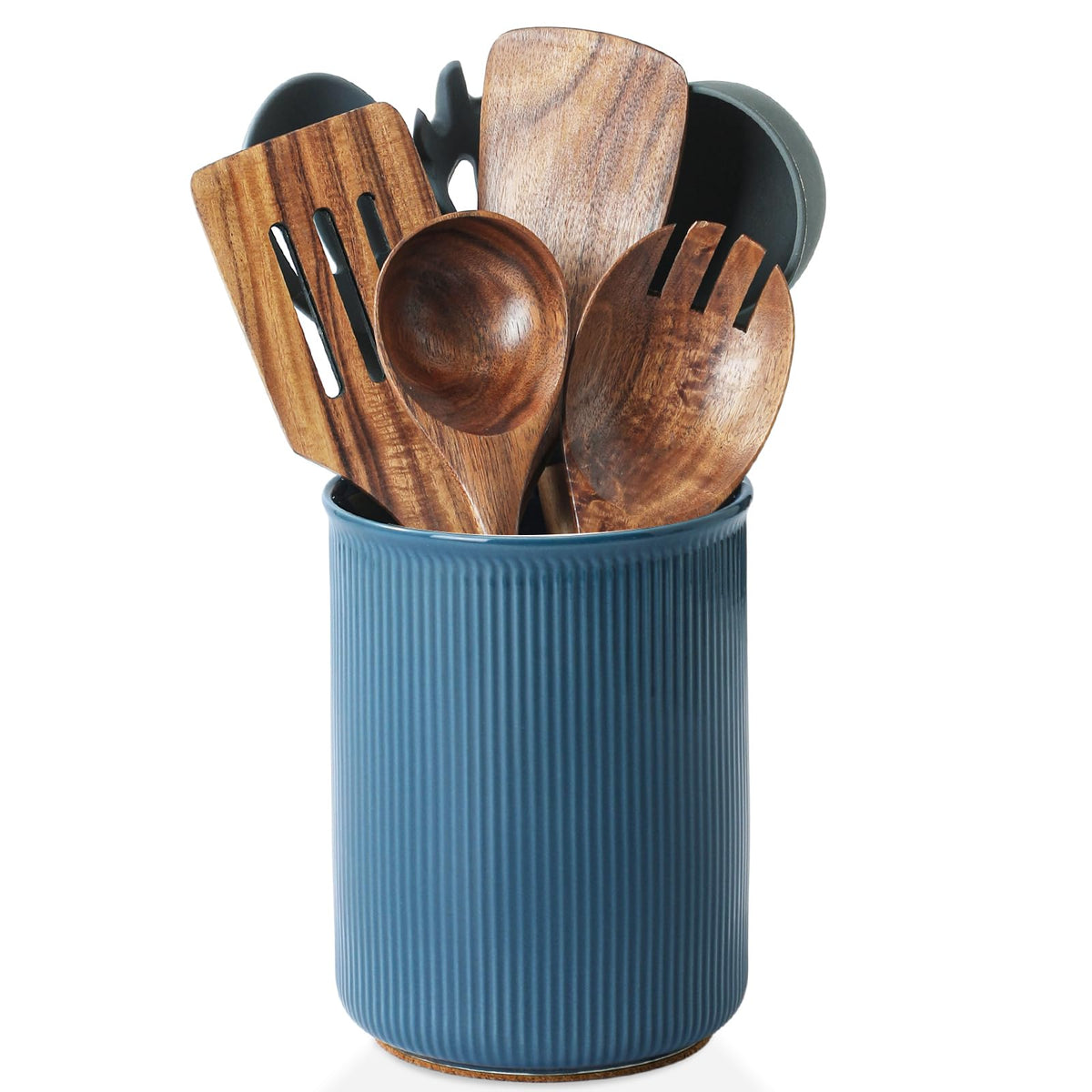LoeJan 6.7" Utensil Holder, Ceramic Kitchen Utensil Holder with Cork Bottom, Large Utensil Crock for Countertop, Vintage Cooking Tool Organizer Set for Kitchen Counter Decor(White)