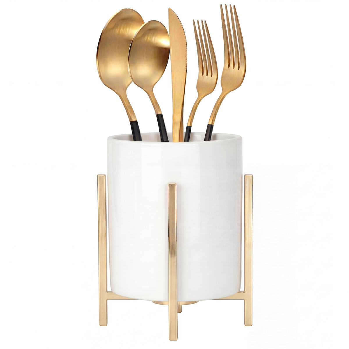 Farmhouse Flatware Holder for Dinner Table, Kitchen Holder for Serving Utensils, Decorative Cutlery Utensil Holder for Kitchen or Parties, Cup with Silver Trim, 1 Pcs