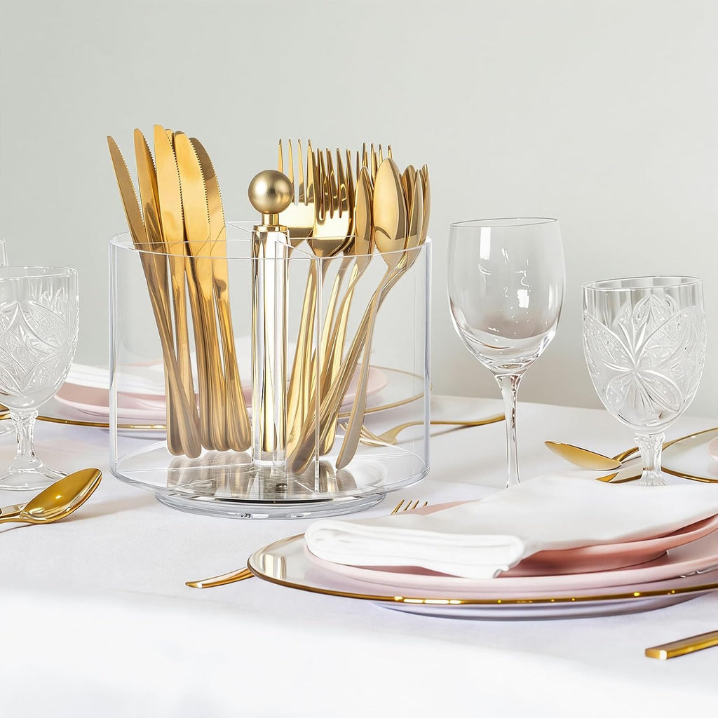 360° Rotating Acrylic Utensil Caddy, Silverware Caddy Countertop, Flatware Cutlery Holder with 4 Compartment