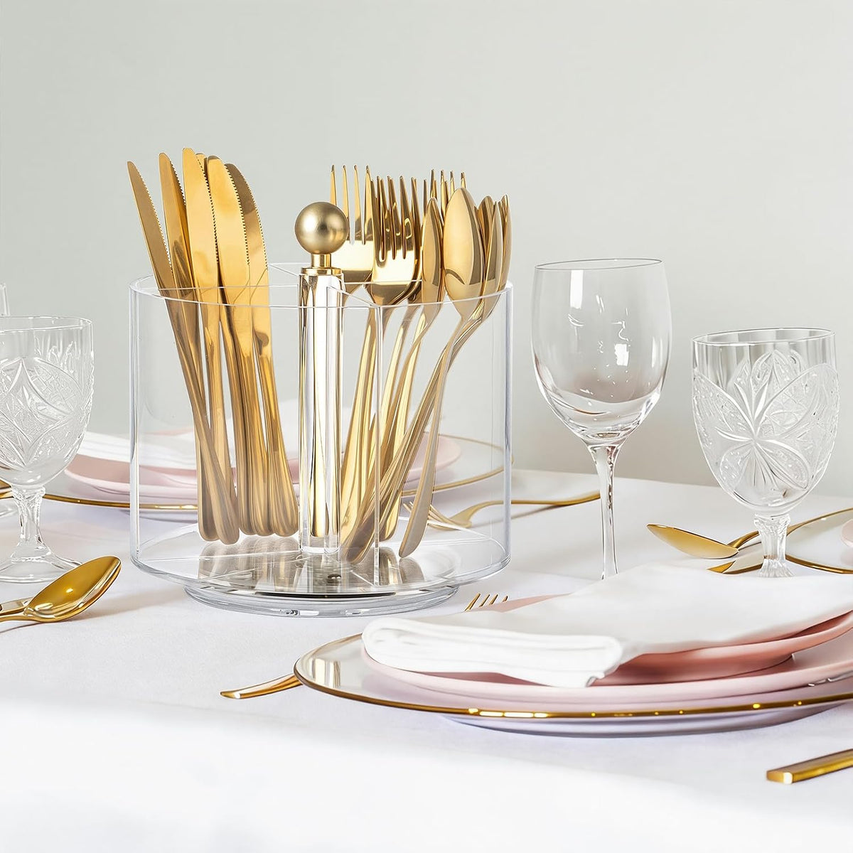 360° Rotating Acrylic Utensil Caddy, Silverware Caddy Countertop, Flatware Cutlery Holder with 4 Compartment