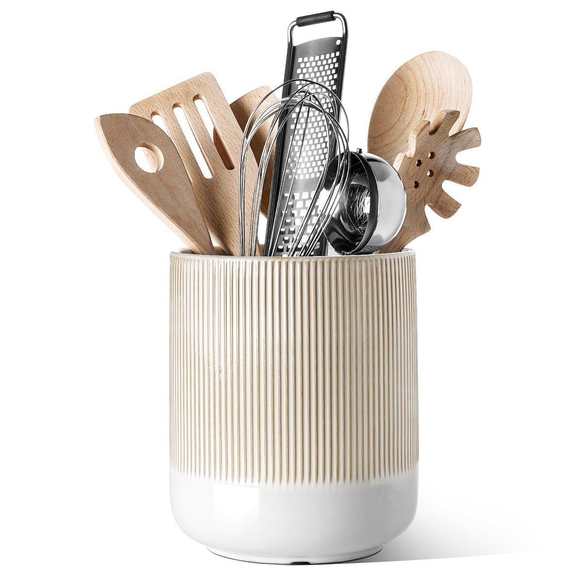 LE TAUCI Ceramic Kitchen Utensil Holder for Counter, 7.3/5.4", White