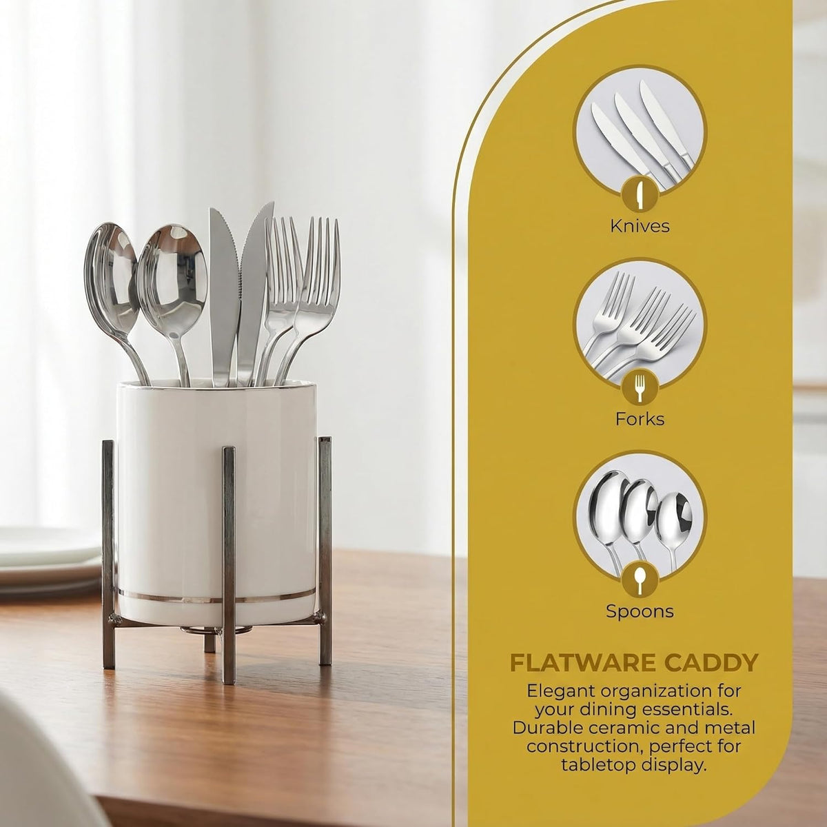 Farmhouse Flatware Holder for Dinner Table, Kitchen Holder for Serving Utensils, Decorative Cutlery Utensil Holder for Kitchen or Parties, Cup with Silver Trim, 1 Pcs