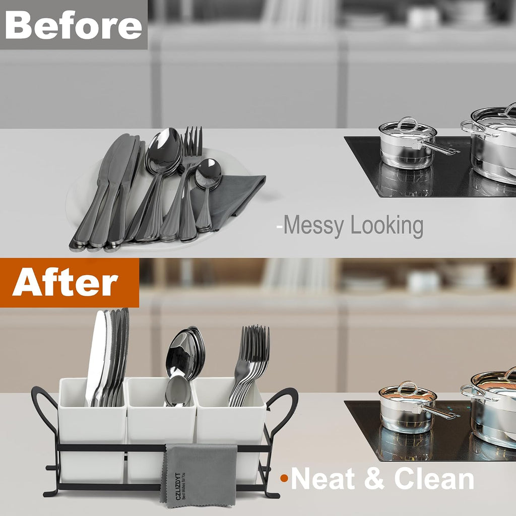 Czlizdyt Cutlery Holder with Drain Holes, Silverware Caddy for Party Countertop, 3pcs Bins Set Utensil Holders for Spoon and Fork, White