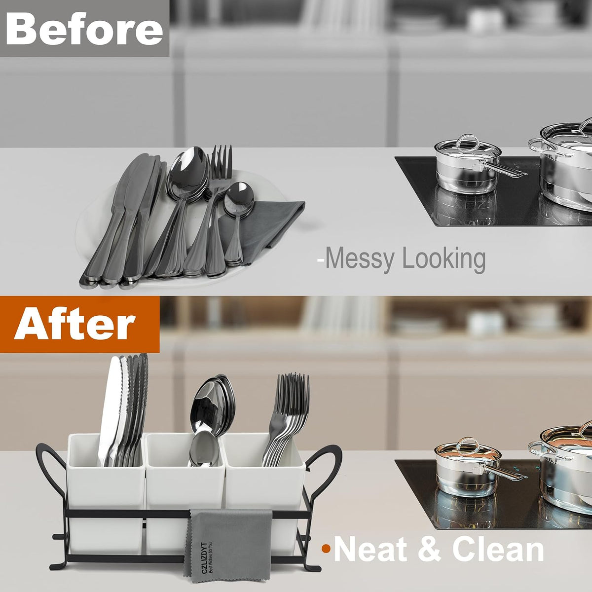 Czlizdyt Cutlery Holder with Drain Holes, Silverware Caddy for Party Countertop, 3pcs Bins Set Utensil Holders for Spoon and Fork, White