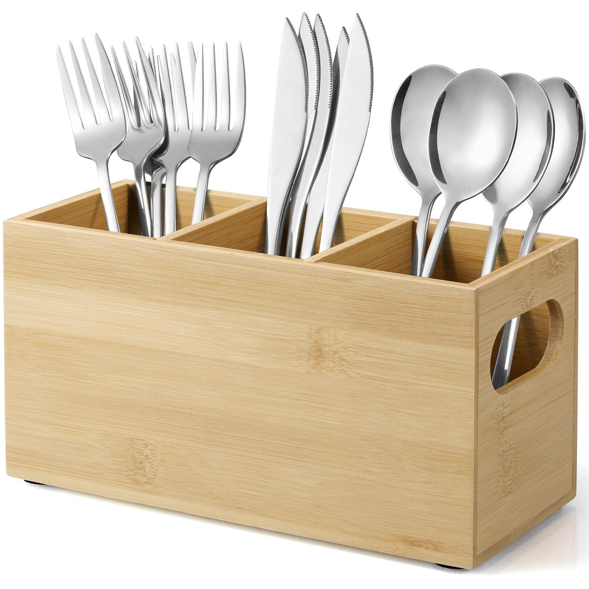 DRASTAR Silverware Holder, Acacia Wooden Utensil Caddy, Silverware Organizer Countertop, Cutlery Holder for Party, Fork Spoon Knife Organizer