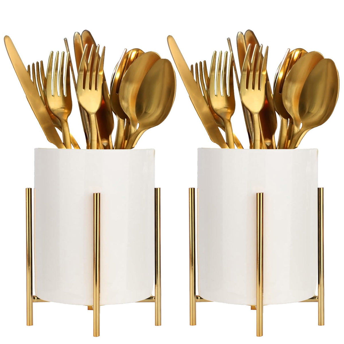 2pcs Sturdy Cutlery Holder White Ceramic With Metal Bracket Robust Silverware Caddy For Countertop - Spoon Holder Silverware Caddy