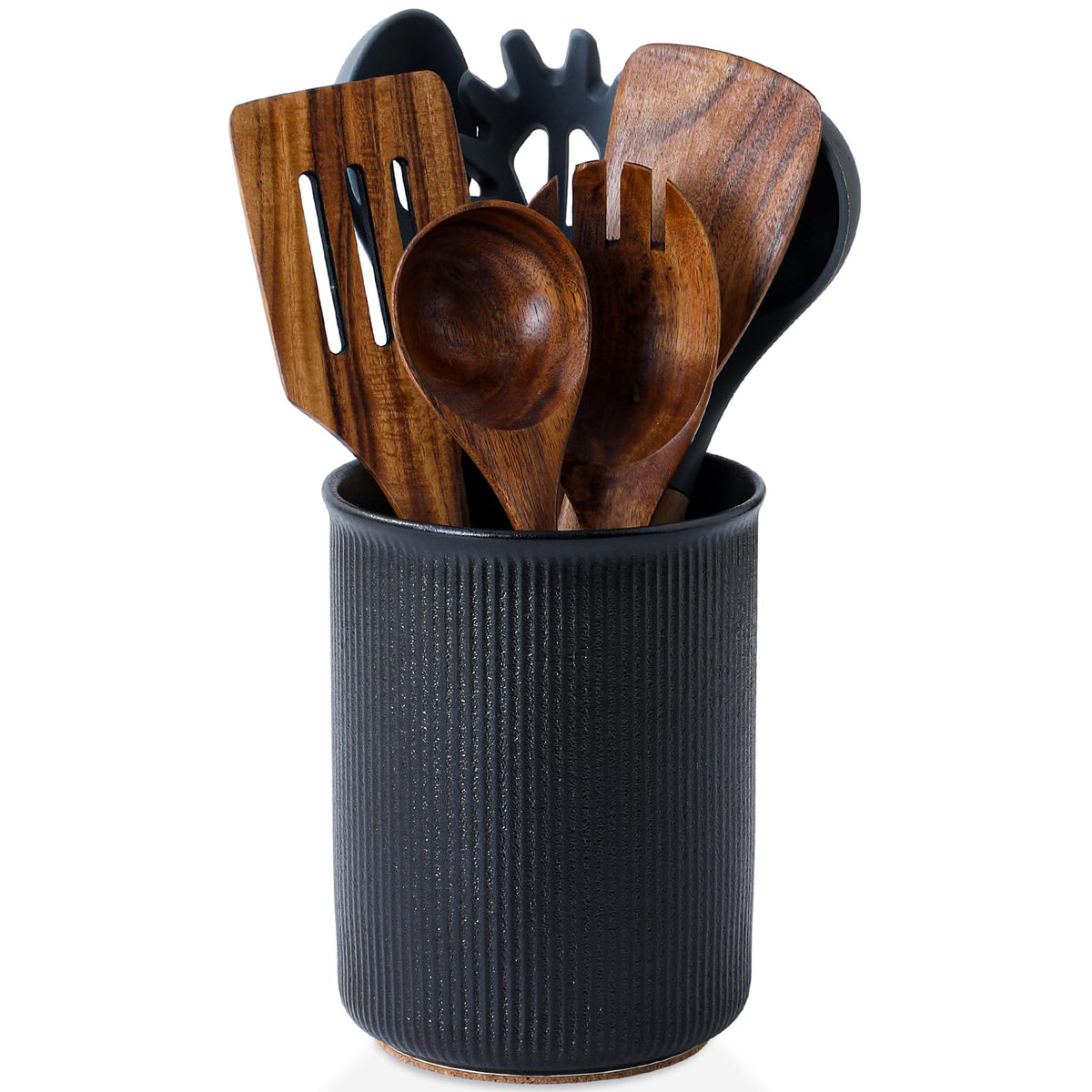 LoeJan 6.7" Utensil Holder, Ceramic Kitchen Utensil Holder with Cork Bottom, Large Utensil Crock for Countertop, Vintage Cooking Tool Organizer Set for Kitchen Counter Decor(White)