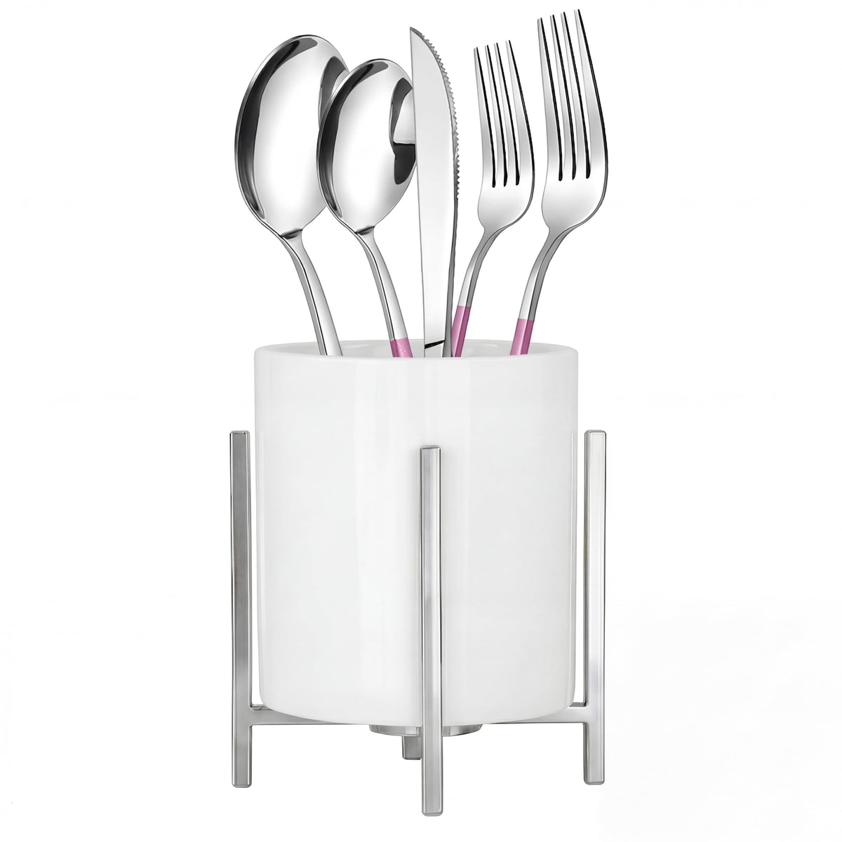 Farmhouse Flatware Holder for Dinner Table, Kitchen Holder for Serving Utensils, Decorative Cutlery Utensil Holder for Kitchen or Parties, Cup with Silver Trim, 1 Pcs
