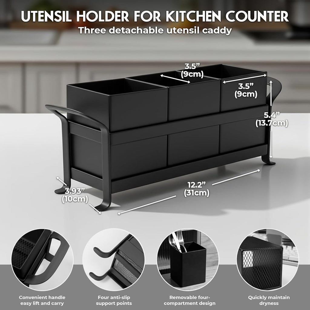 Utensil Holder Mesh Drainage Holes, 3pcs Bins Set Countertop Utensil Holder for Spoons, Forks and Knives, Cutlery Organizer Suitable for Party, Kitchen Counter, Black
