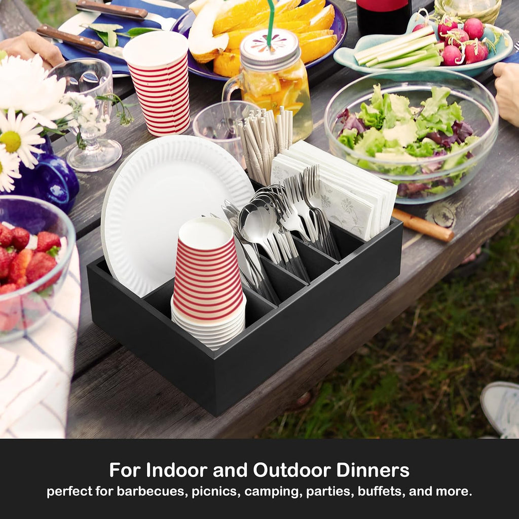 Large Utensil Holder for Party - Wooden Paper Plate and Utensil Caddy for Countertop - Silverware Caddy for Cup Fork Spoon Napkin - Cutlery Organizer for Kitchen Camping Buffet Picnic