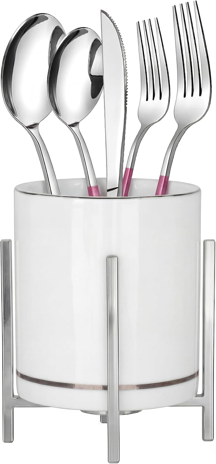 Farmhouse Flatware Holder for Dinner Table, Kitchen Holder for Serving Utensils, Decorative Cutlery Utensil Holder for Kitchen or Parties, Cup with Silver Trim, 1 Pcs