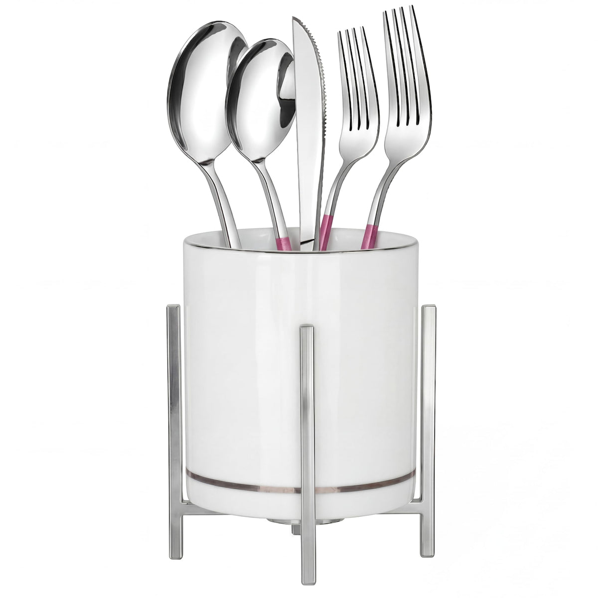Farmhouse Flatware Holder for Dinner Table, Kitchen Holder for Serving Utensils, Decorative Cutlery Utensil Holder for Kitchen or Parties, Cup with Silver Trim, 1 Pcs