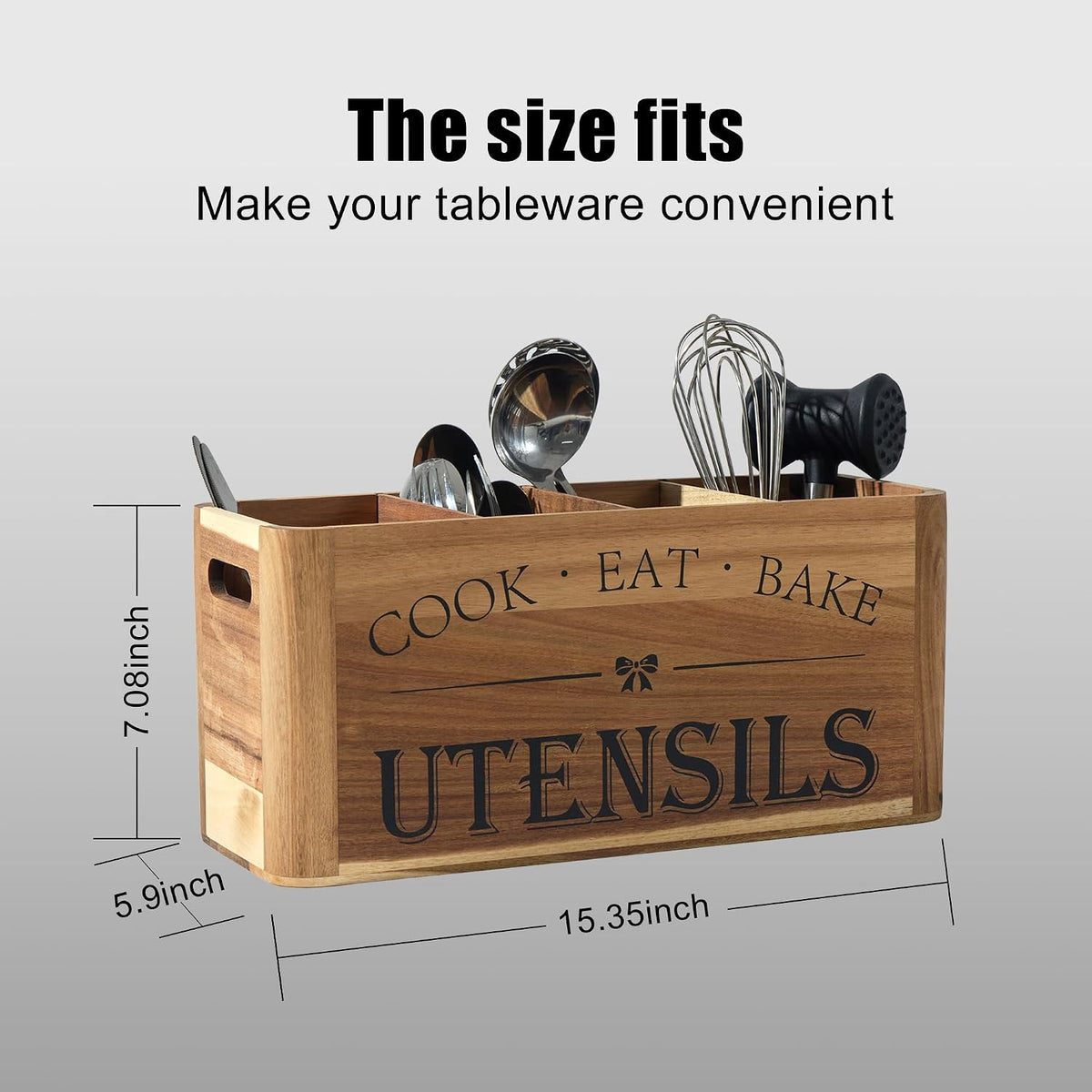 Utensil Holder for Kitchen Countertop - Extra Large 4 Compartment Wooden Organizer in Acacia Wood, Storage for Cooking Tools and Cutlery, Farmhouse Style for Home Cooking