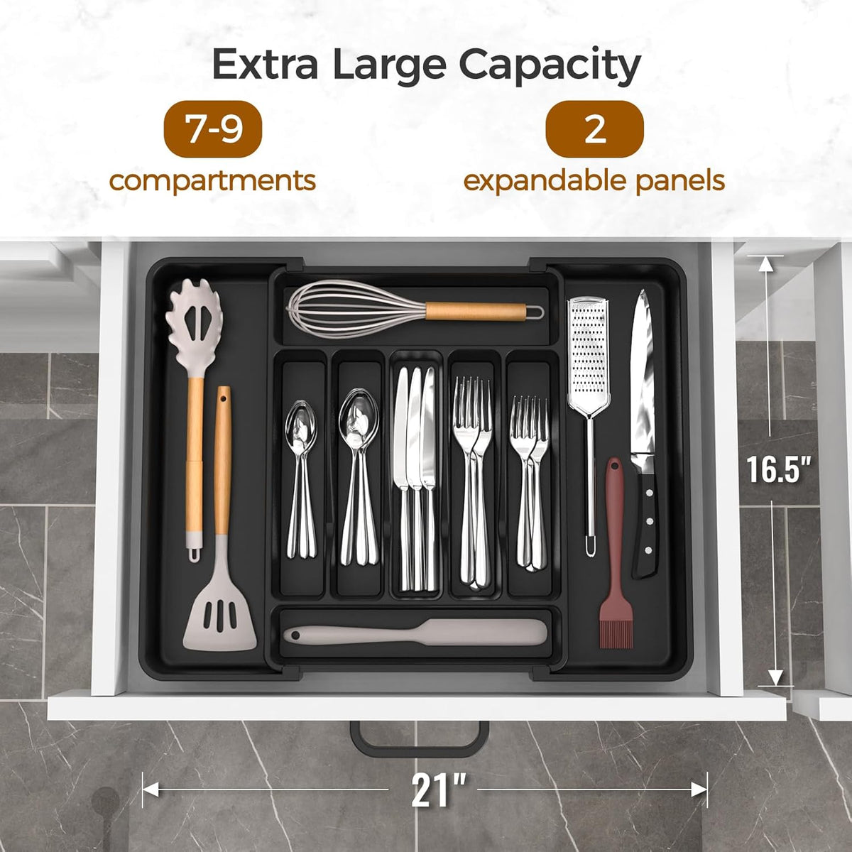 ukeetap Extra Large Expandable Silverware Organizer, Flatware Tray, Black