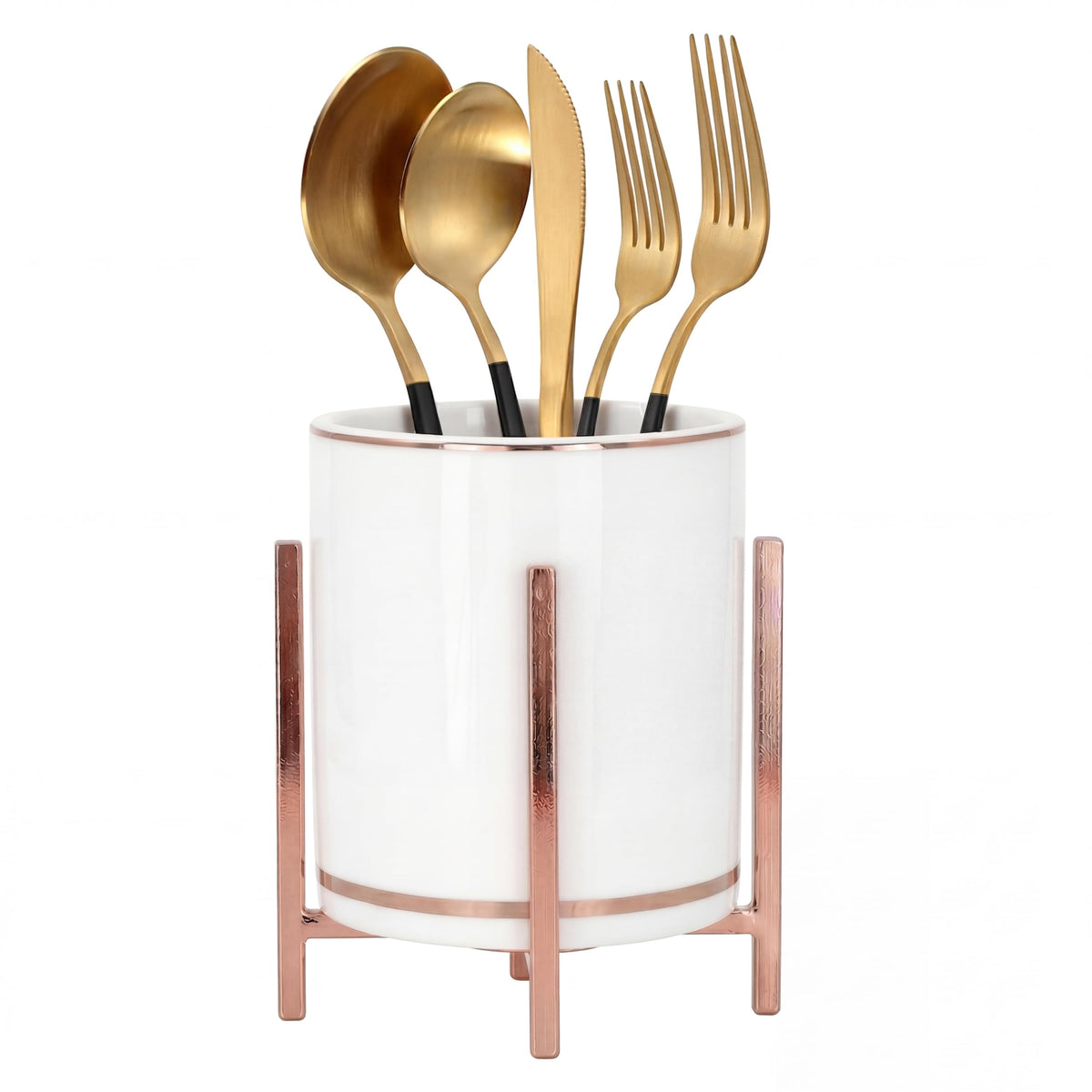Farmhouse Flatware Holder for Dinner Table, Kitchen Holder for Serving Utensils, Decorative Cutlery Utensil Holder for Kitchen or Parties, Cup with Silver Trim, 1 Pcs