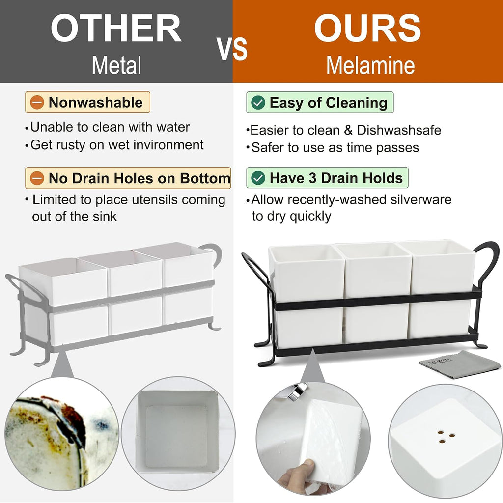 Czlizdyt Cutlery Holder with Drain Holes, Silverware Caddy for Party Countertop, 3pcs Bins Set Utensil Holders for Spoon and Fork, White