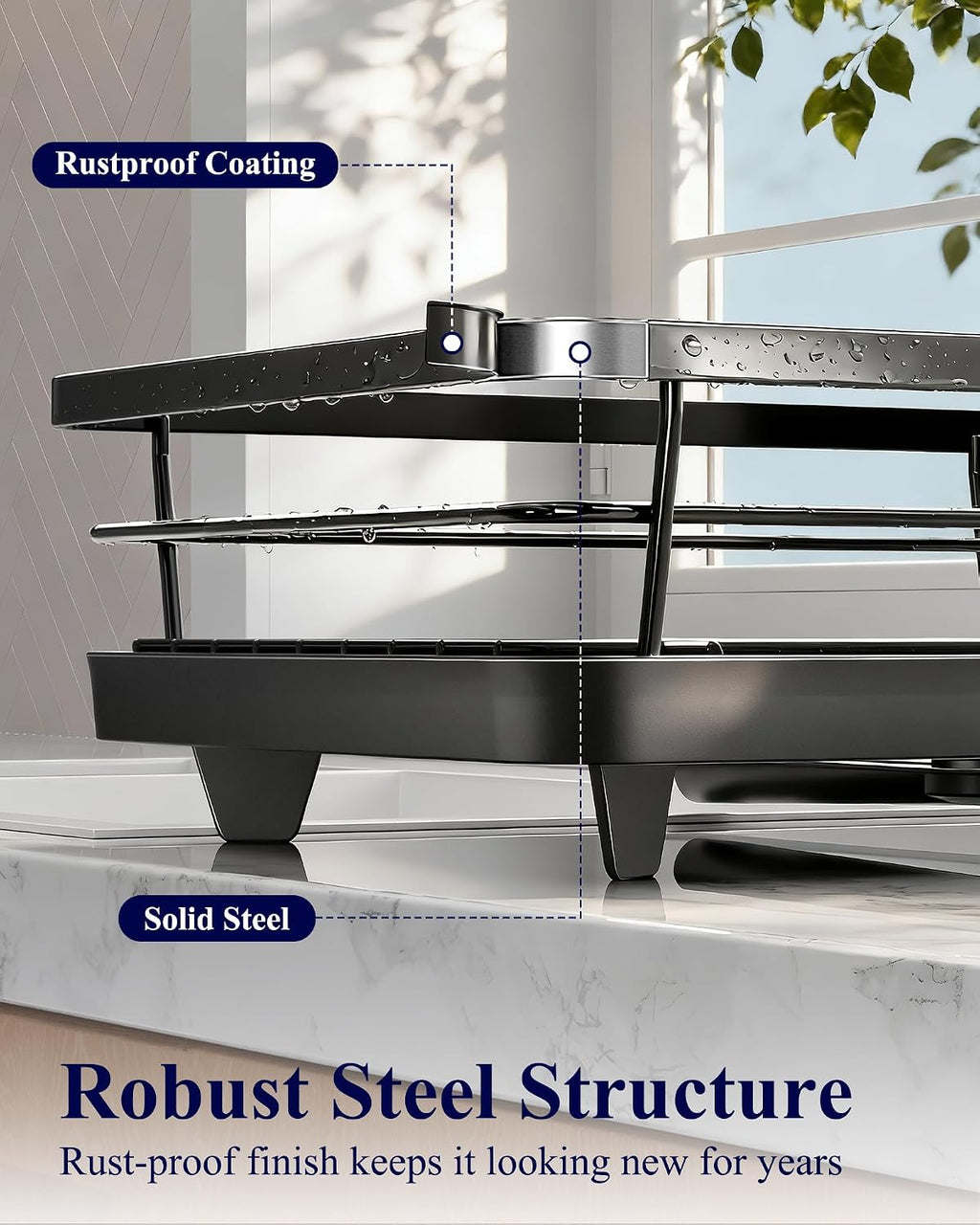 Kitsure Dish Drying Rack for Kitchen Counter, 12''W x 15.5''L, Black