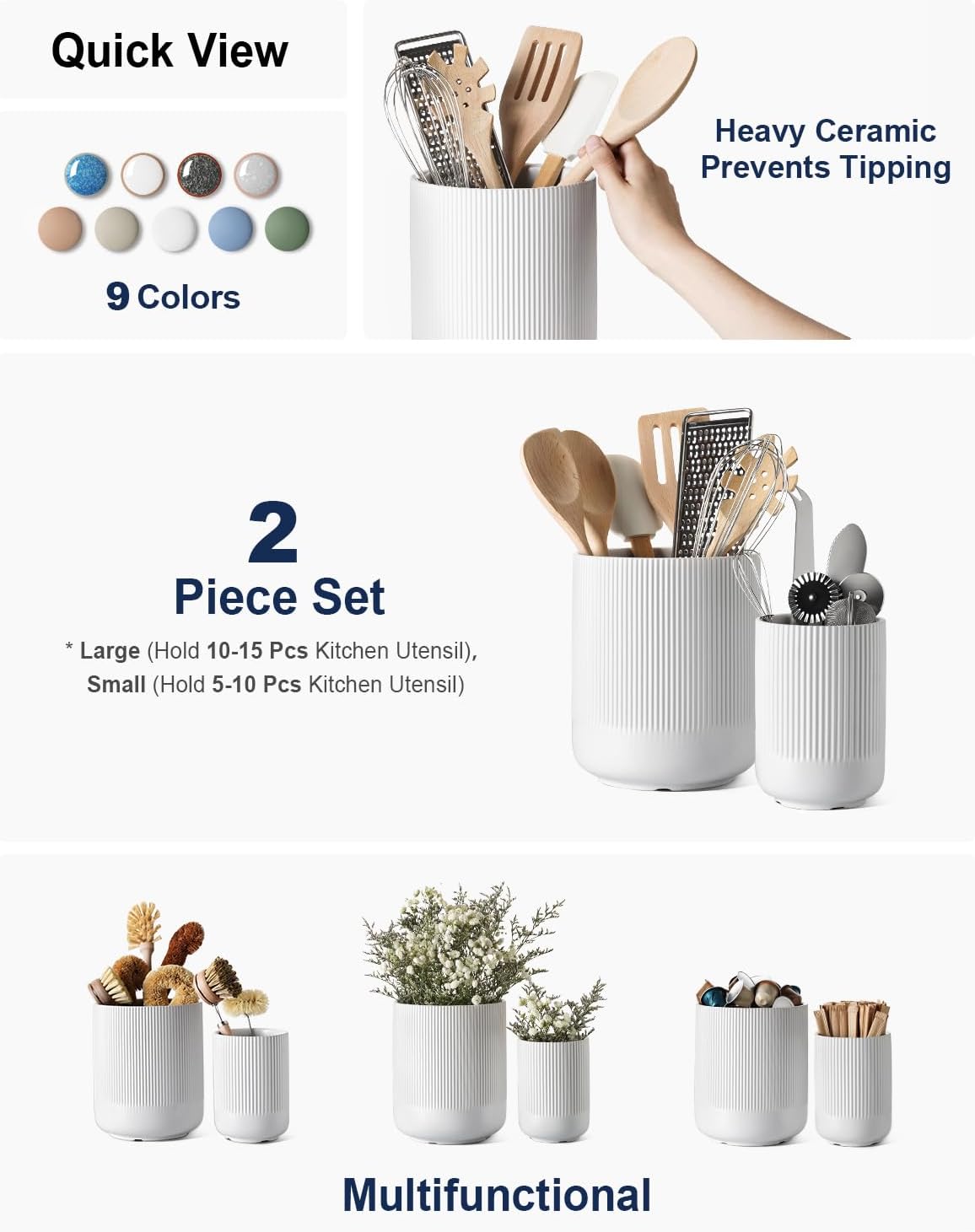 LE TAUCI Ceramic Kitchen Utensil Holder for Counter, 7.3/5.4", White