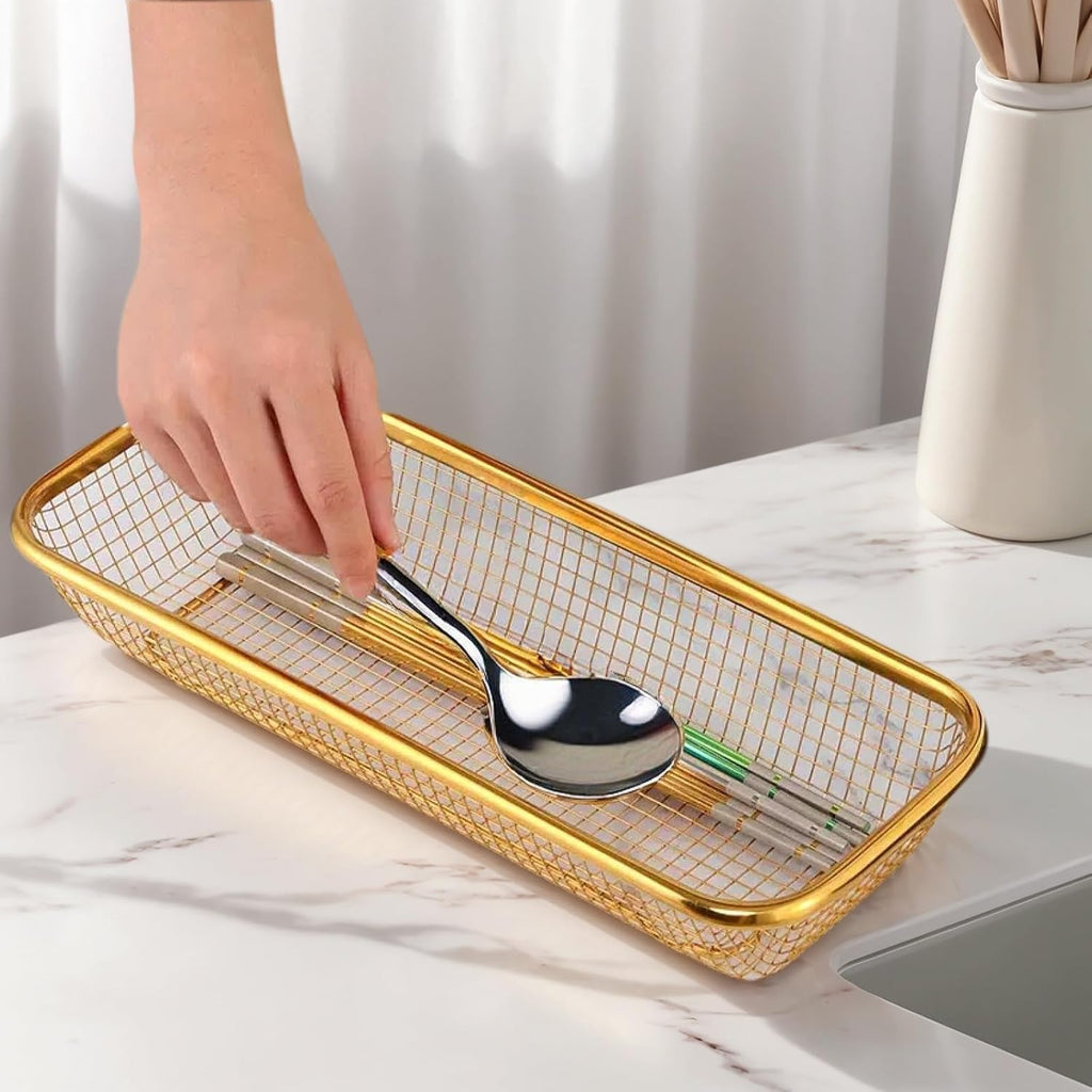 4-Pack Gold Flatware Organizer - Sturdy Mesh Design, Dishwasher-Safe & Easy-Clean Utensil Holder, Silverware Container Drawer Storage