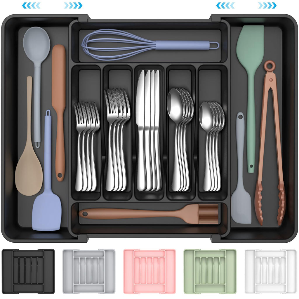 ukeetap Extra Large Expandable Silverware Organizer, Flatware Tray, Black