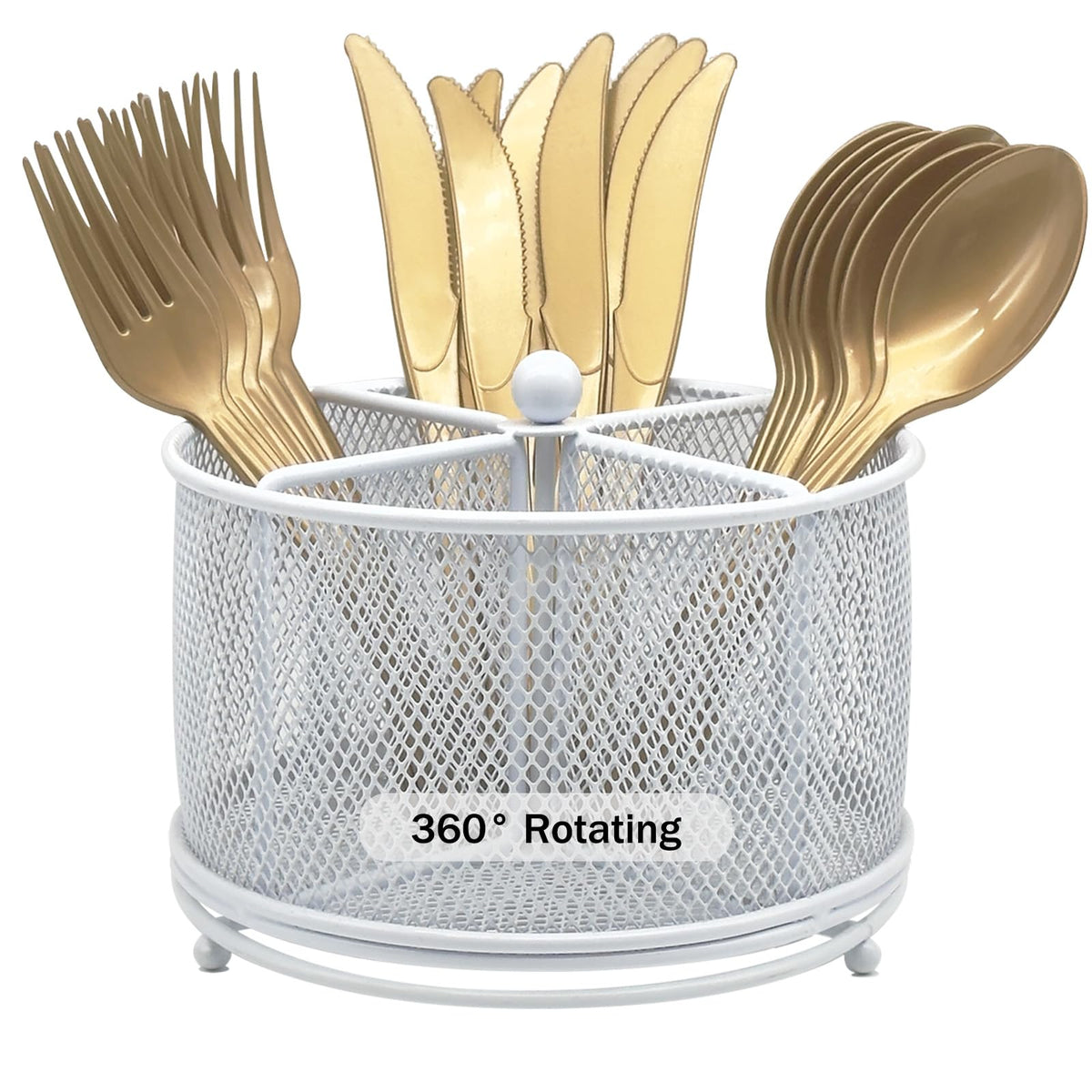 DysanVica 360° Rotating Metal Utensil Caddy - 4 Compartment Silverware Cutlery Holder Rotation Fork Spoon Napkin Organizer Flatware Storage Basket Party Countertop Buffet Picnic Camping Outdoor Black