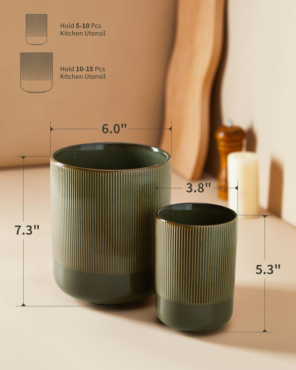 Pokini Kitchen Utensil Holder Countertop, 7.3"+5.3" Ceramic Utensils Crock