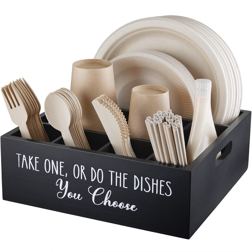 ALELION Acacia Wood Utensil Holder for Party - Paper Plate Organizer for Countertop - Silverware Caddy with 6 Compartments for Plate, Cup, Fork, Spoon - Cutlery Holder for Kitchen Camping Buffet